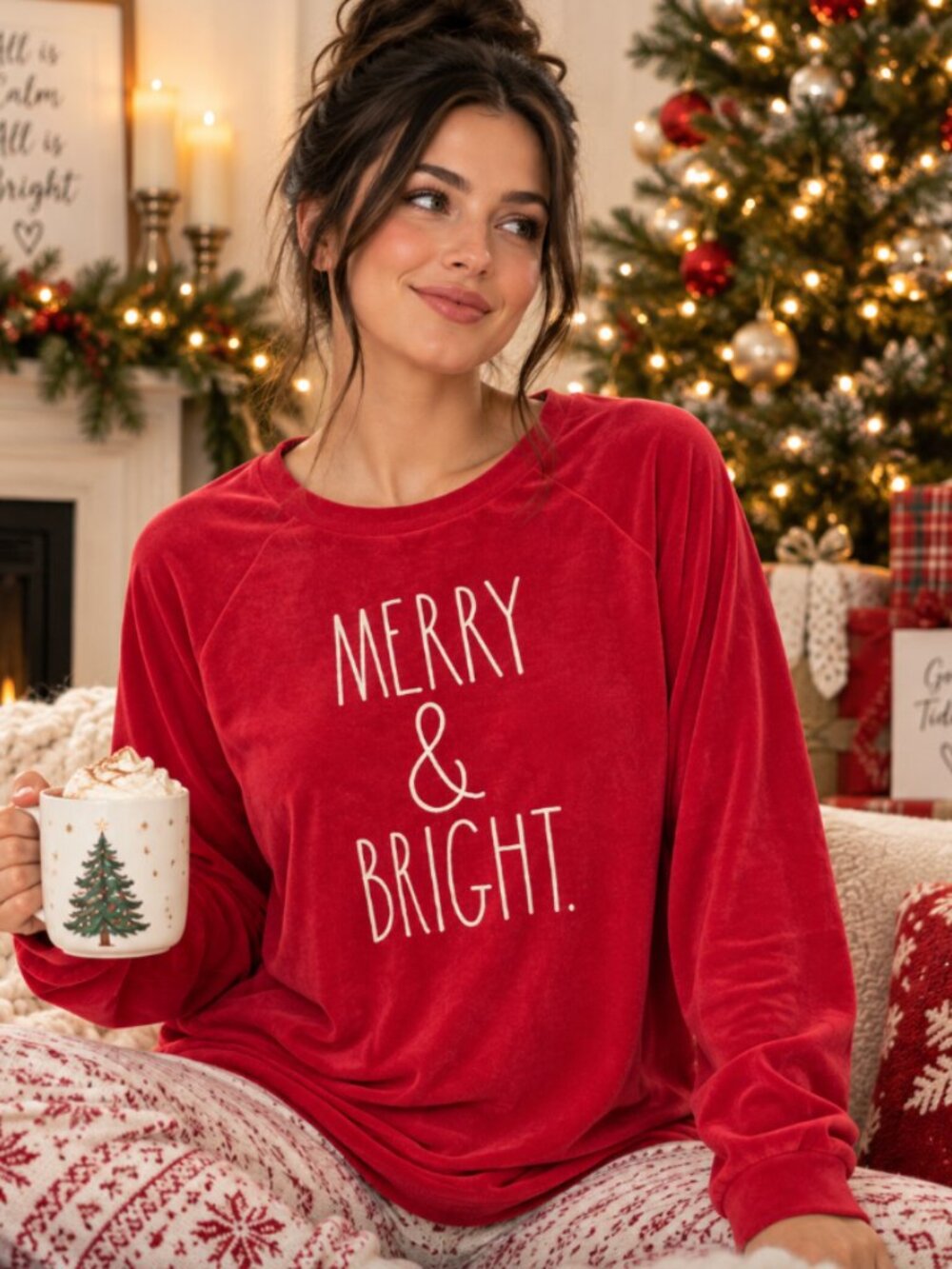 Rae Dunn Red Holiday Sweater Merry & Bright Christmas Size 1X Cozy Pajama Shirt